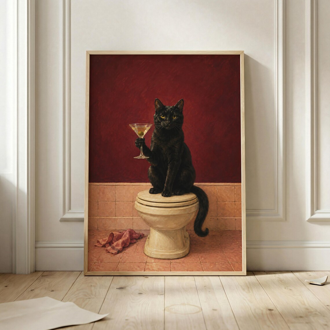 Black Cat Martini Bathroom Wall Art Print