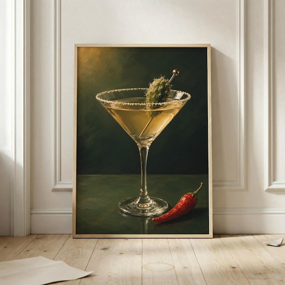 Spicy Chilli Martini Cactus Cocktail Dark Green Moody Bar Art Poster