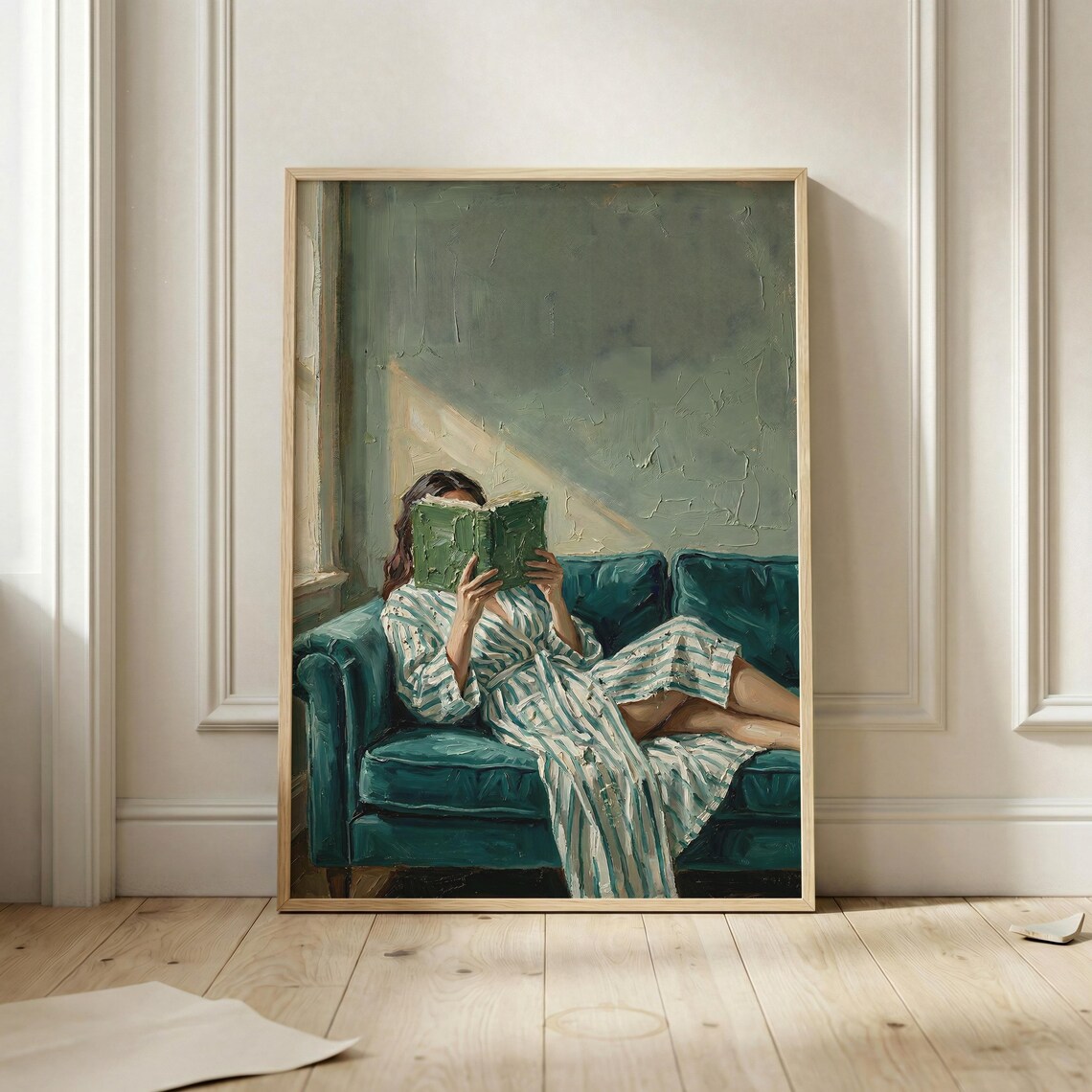 Woman Reading Book on Teal Sofa Cozy Oil Painting Book Lover Poster
