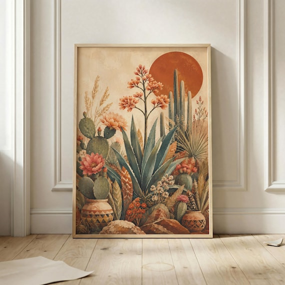 Desert Cacti and Agave Under Terracotta Sun Botanical Poster