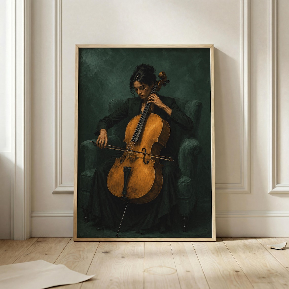 Female Cellist Classical Musician Moody Oil Painting Emerald Art Poster