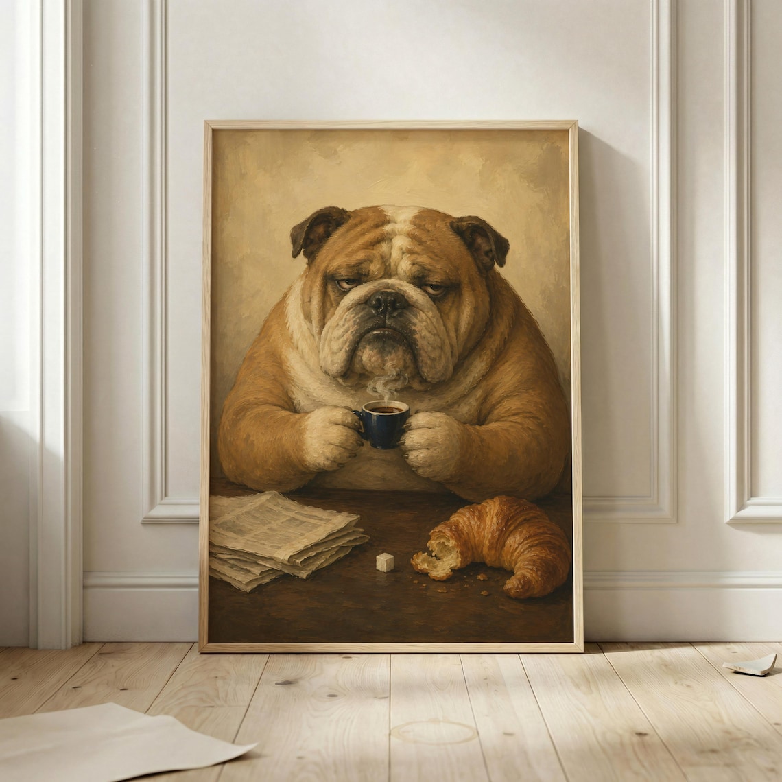 English Bulldog Drinking Coffee Croissant Newspaper Morning Poster