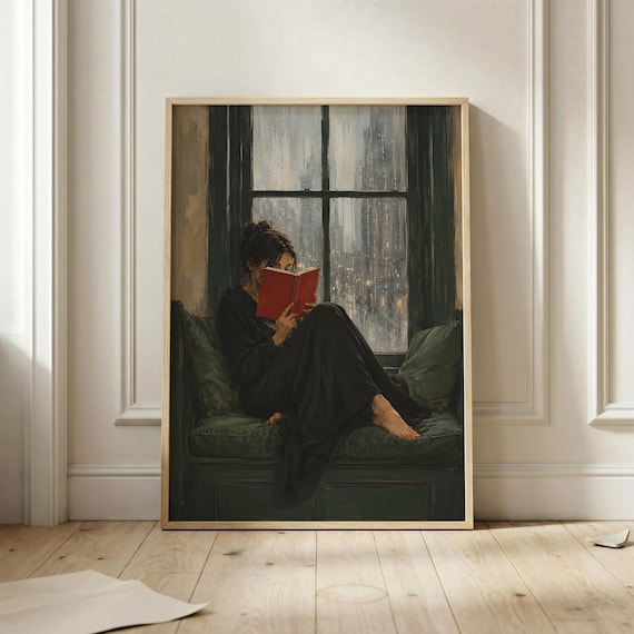 Rainy Window Reading Art Print, Moody Book Lover