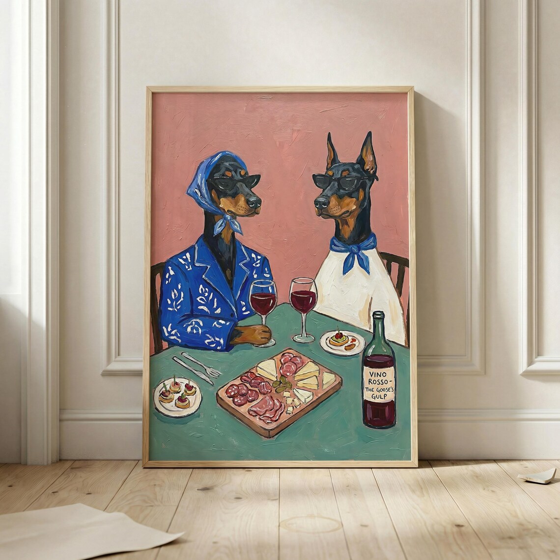 Funny Doberman Wine Date Sunglasses Charcuterie Vino Rosso Dog Poster