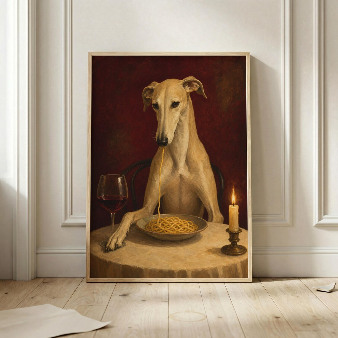 Greyhound Eating Spaghetti Pasta Funny Italian Dinner Dog Poster