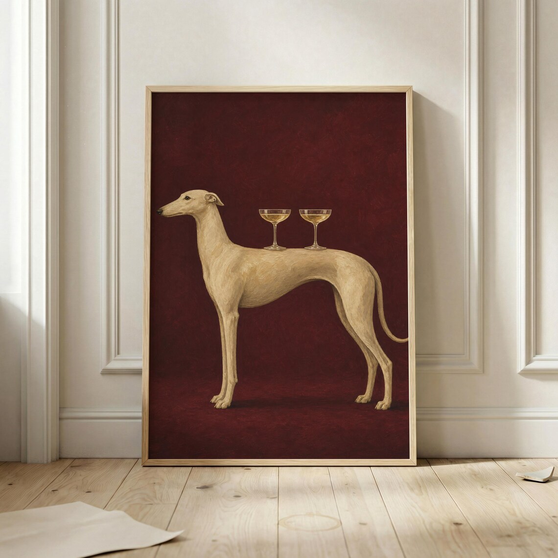 Greyhound Champagne Coupe Dog Poster Burgundy Elegant Surreal Wall Decor