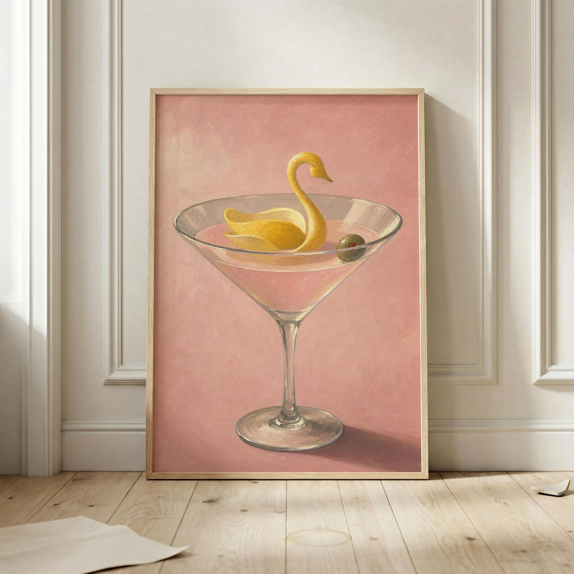 Pink Martini With Lemon Peel Swan And Olive Cocktail Wall Art
