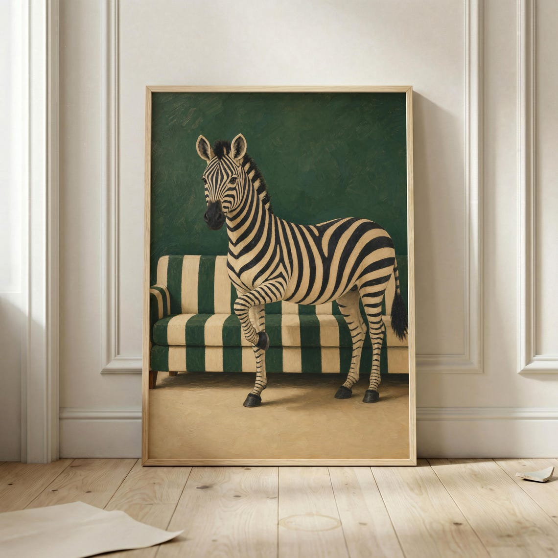Zebra Striped Sofa Bold Quirky Maximalist Animal Green Wall Art