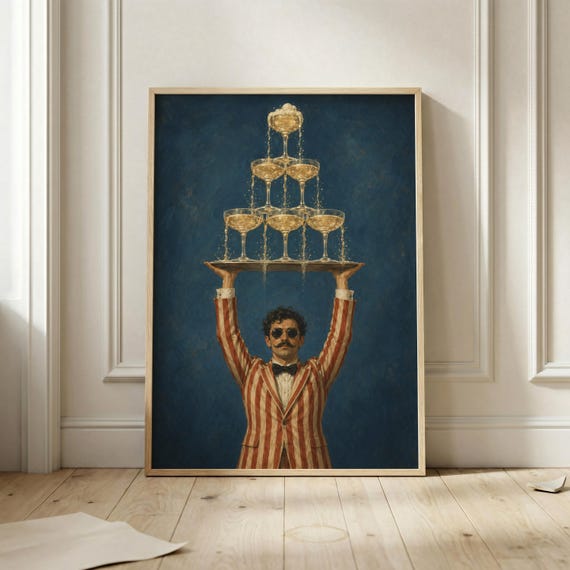 Fountain Champagne Tower Waiter Poster Retro Cocktail Wall Art Quirky Bar Cart Decor Celebration Print Maximalist Dining Room Artwork