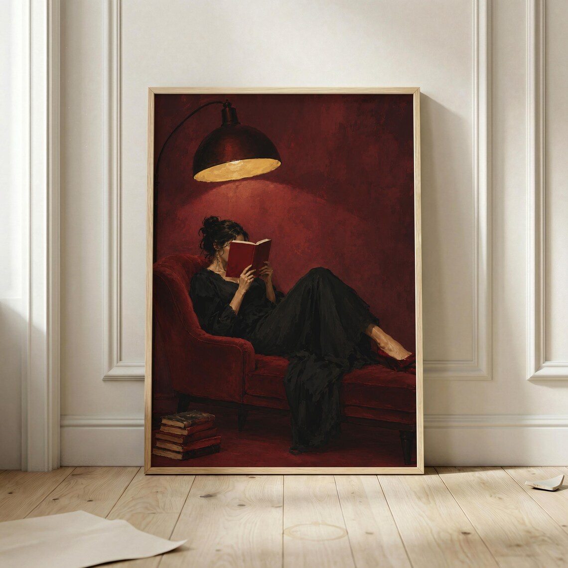 Woman Reading Book On Red Chaise Moody Oil Painting Book Lover Art Poster