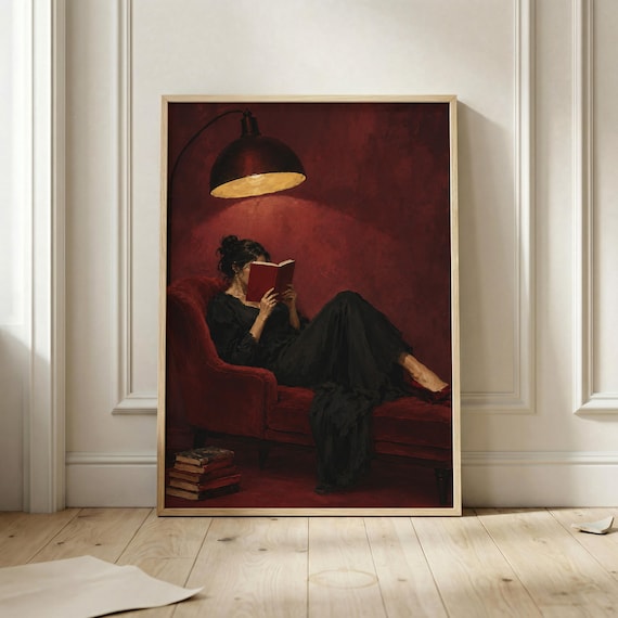Reading Woman Wall Art Print Book Lover Poster Cozy Nook Decor Literary Artwork Dark Academia Vintage Reader Painting