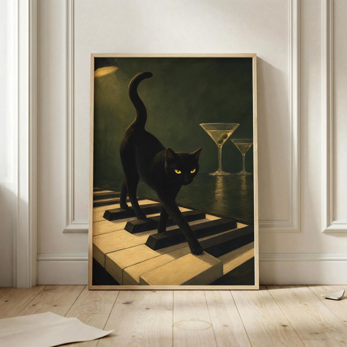 Black Cat Piano Poster Moody Jazz Bar Wall Art Martini Animal Print Emerald Green