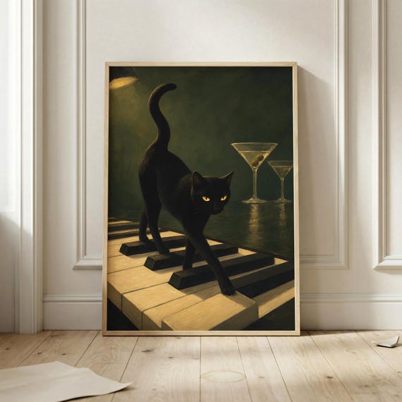 Black Cat Piano Poster Moody Jazz Bar Wall Art Martini Animal Print Emerald Green