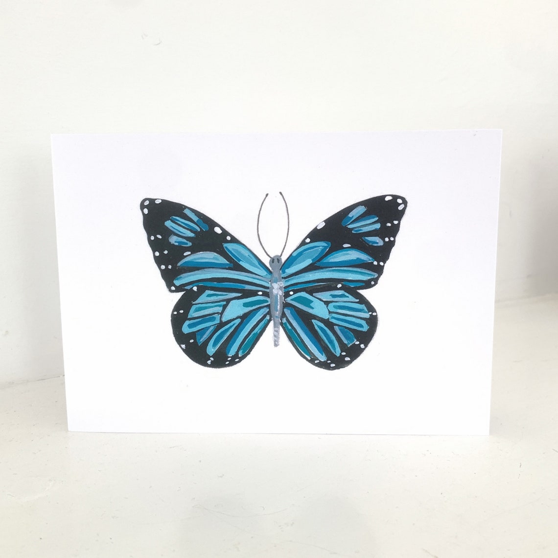 Blue Black Butterfly Hand Painted Blank Art Card Nature Lovers Print