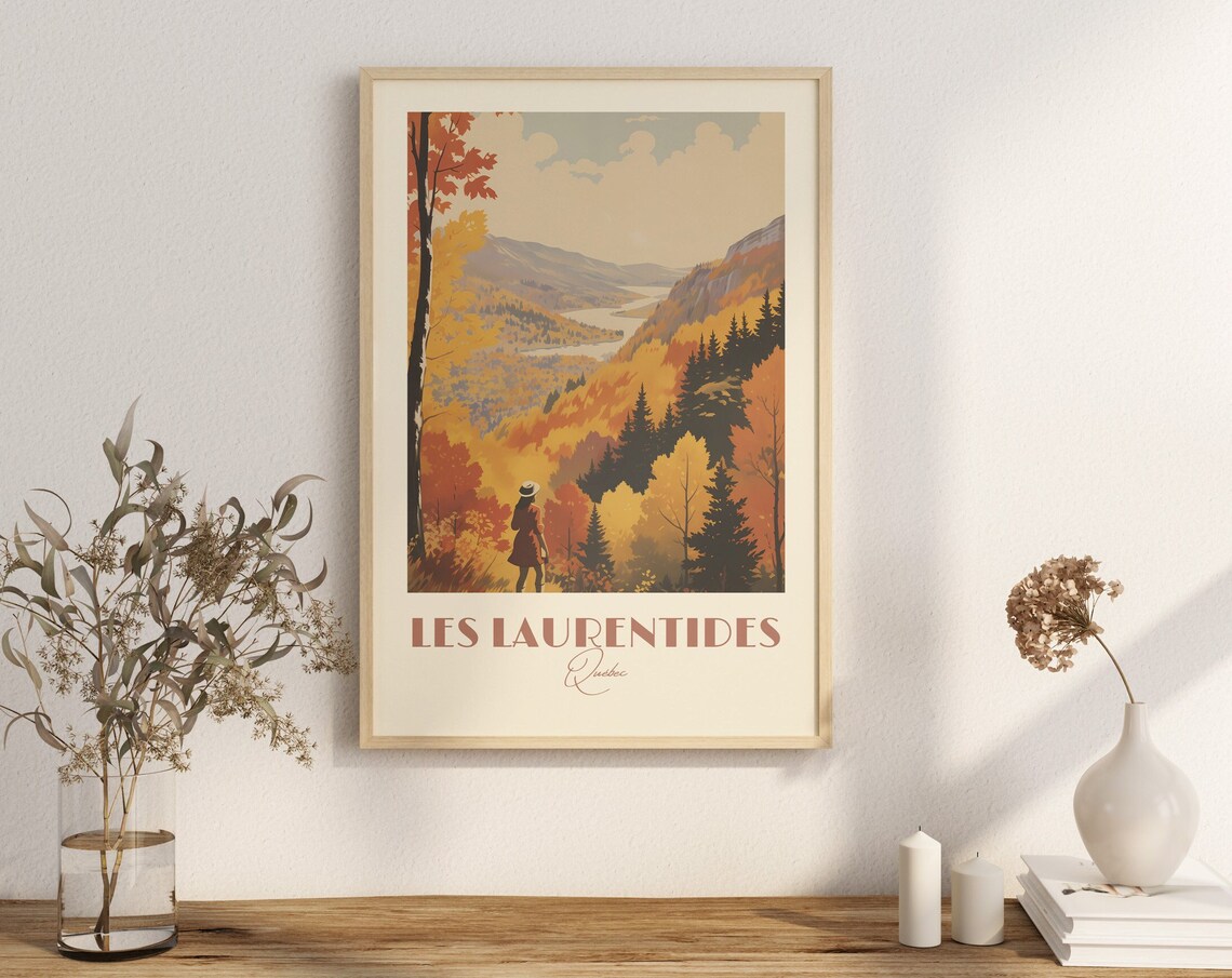 Les Laurentides Quebec Fall Foliage Mountain Vintage Travel Poster
