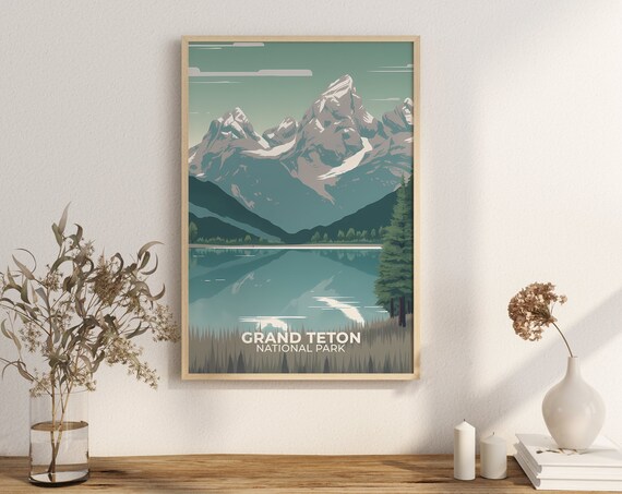 Grand Teton National Park Vintage Mountain Lake Travel Poster