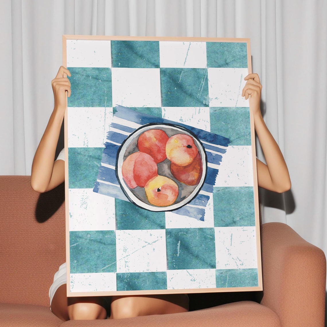 Watercolor Peaches Bowl Blue Checkered Tablecloth Kitchen Art Poster
