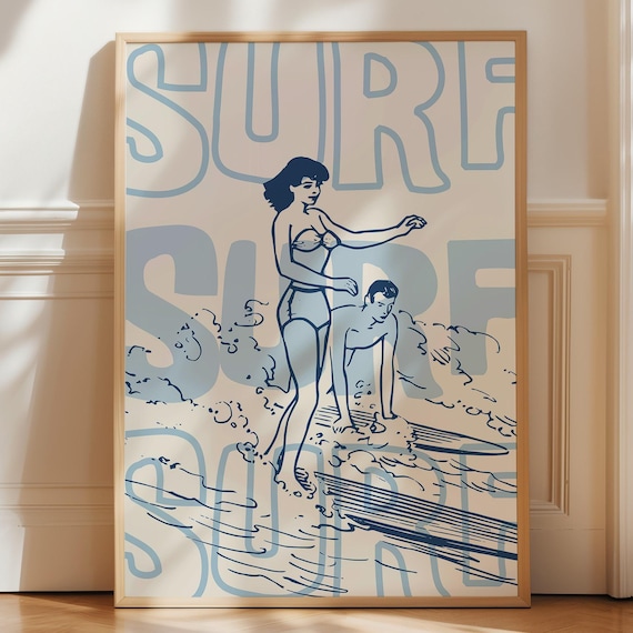 Vintage Surf Couple Blue Line Illustration Retro Beach Art Poster