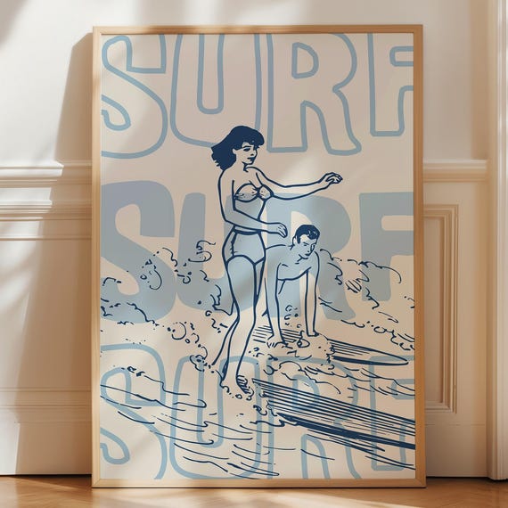 Vintage Surfing Poster Retro Beach Wall Art Midcentury Modern Surf Decor Coastal Home Surfer Girl Illustration