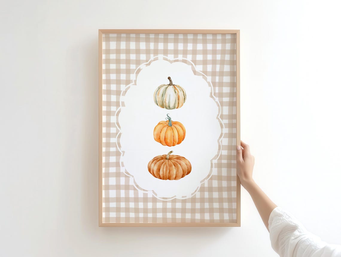 Gingham Pumpkins Fall Harvest Watercolor Farmhouse Autumn Decor Poster