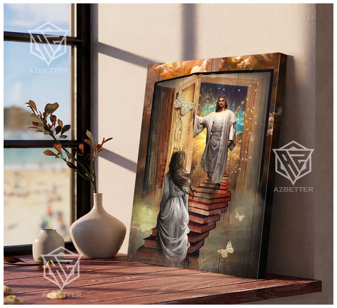 Girl Walking Up Book Stairs Toward Jesus In Heavenly Doorway Poster - Image 5