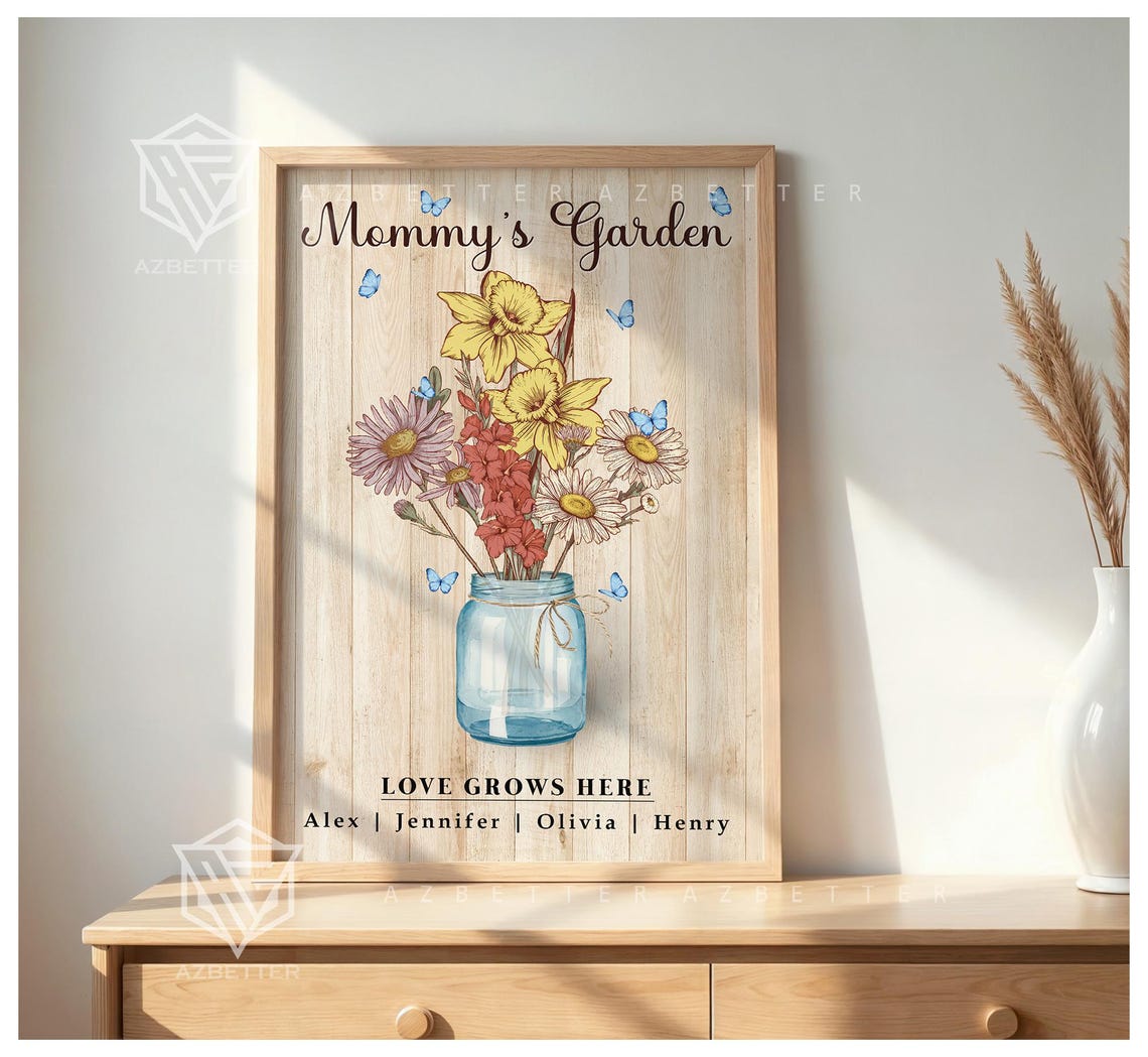 Mommy's Garden Love Grows Here Wildflower Jar Personalized Wall Poster