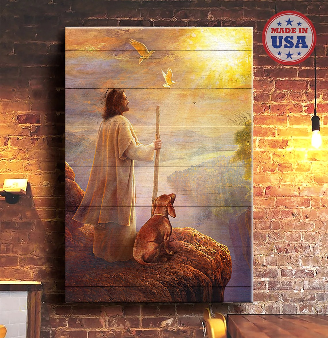 Jesus with a Dachshund on a Cliff Overlooking Golden Clouds Poster - Image 5