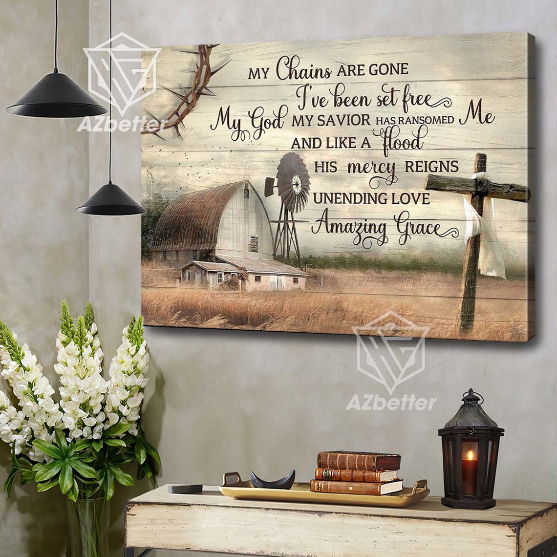 My Chains Are Gone Amazing Grace Hymn Barn Cross Farmhouse Poster - Image 2