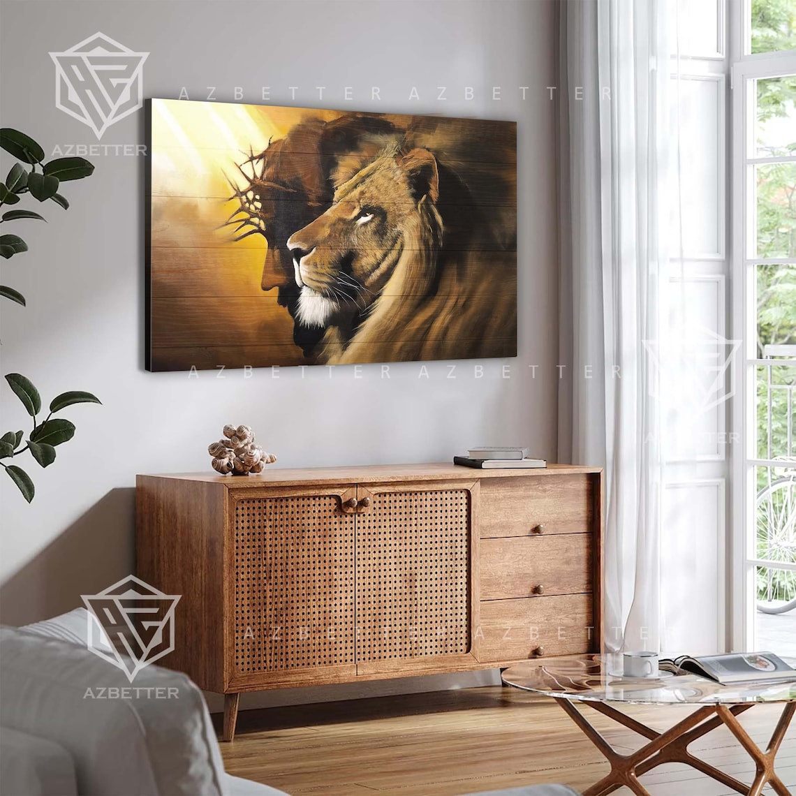Lion and Jesus Side Profile Crown of Thorns Golden Wood Art Poster - Image 4