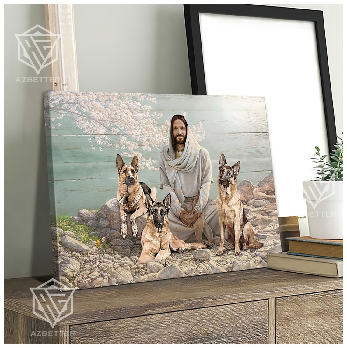 Jesus With Three German Shepherd Dogs In Blooming Garden Poster - Image 5