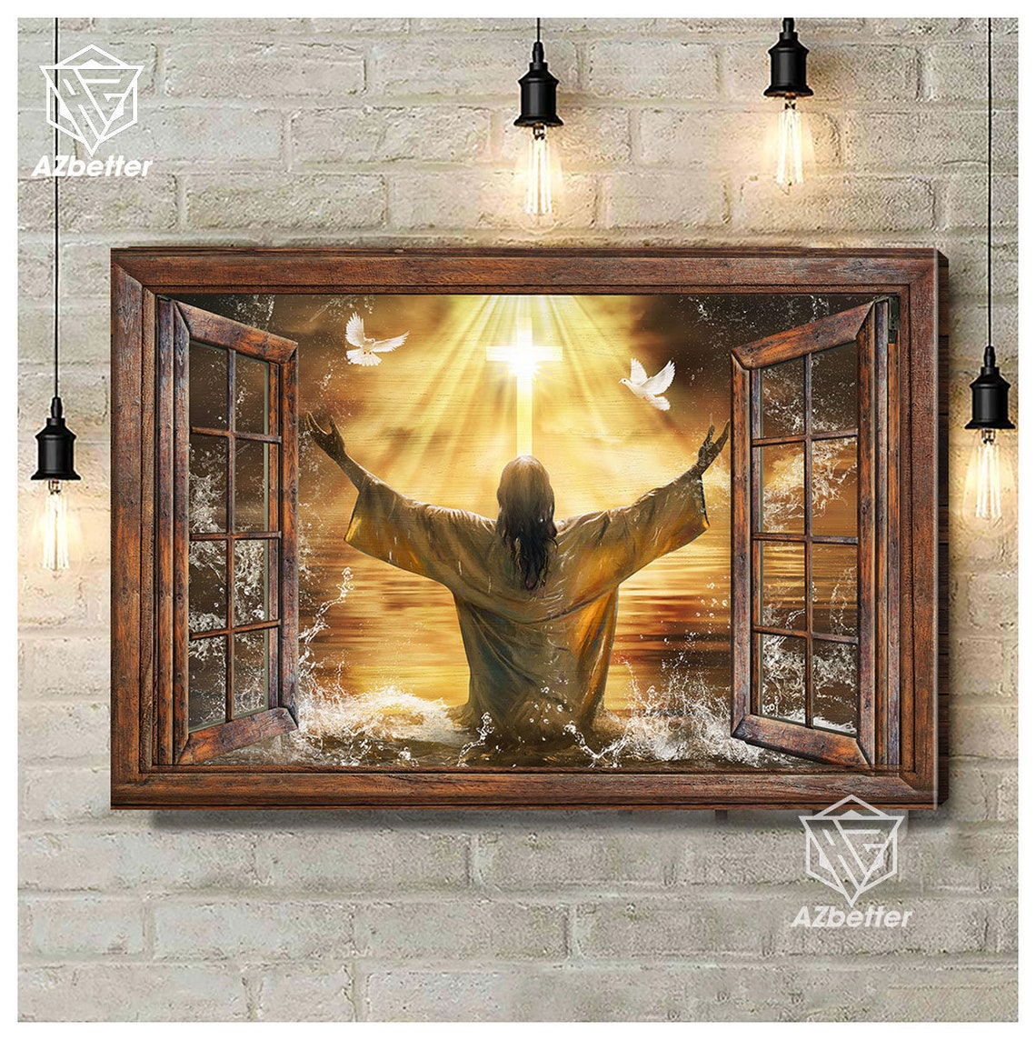 Jesus Praying Arms Raised Water Glowing Cross Doves Window Poster - Image 5