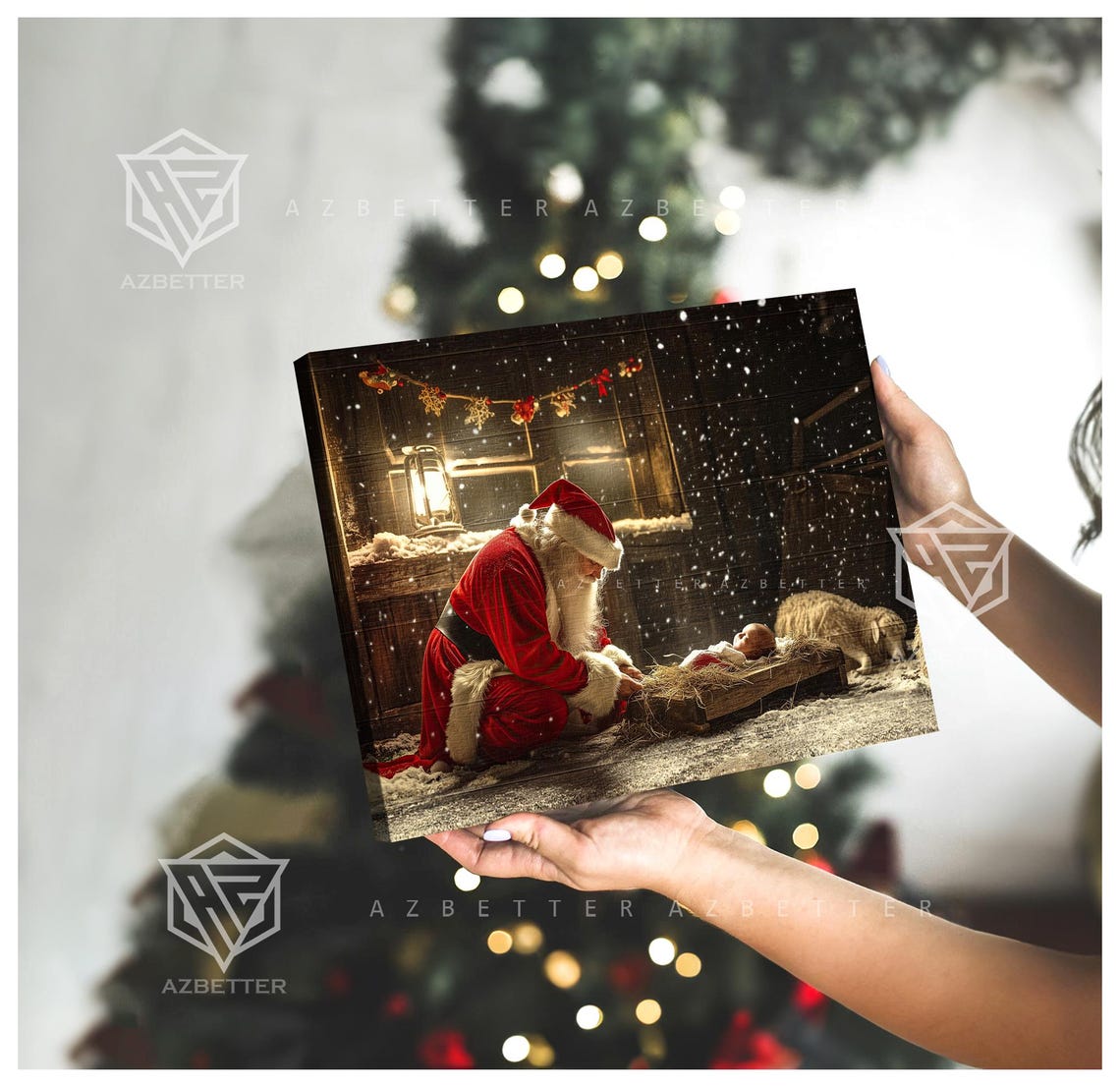 Santa Kneeling Before Baby Jesus in Snowy Nativity Scene Poster - Image 2