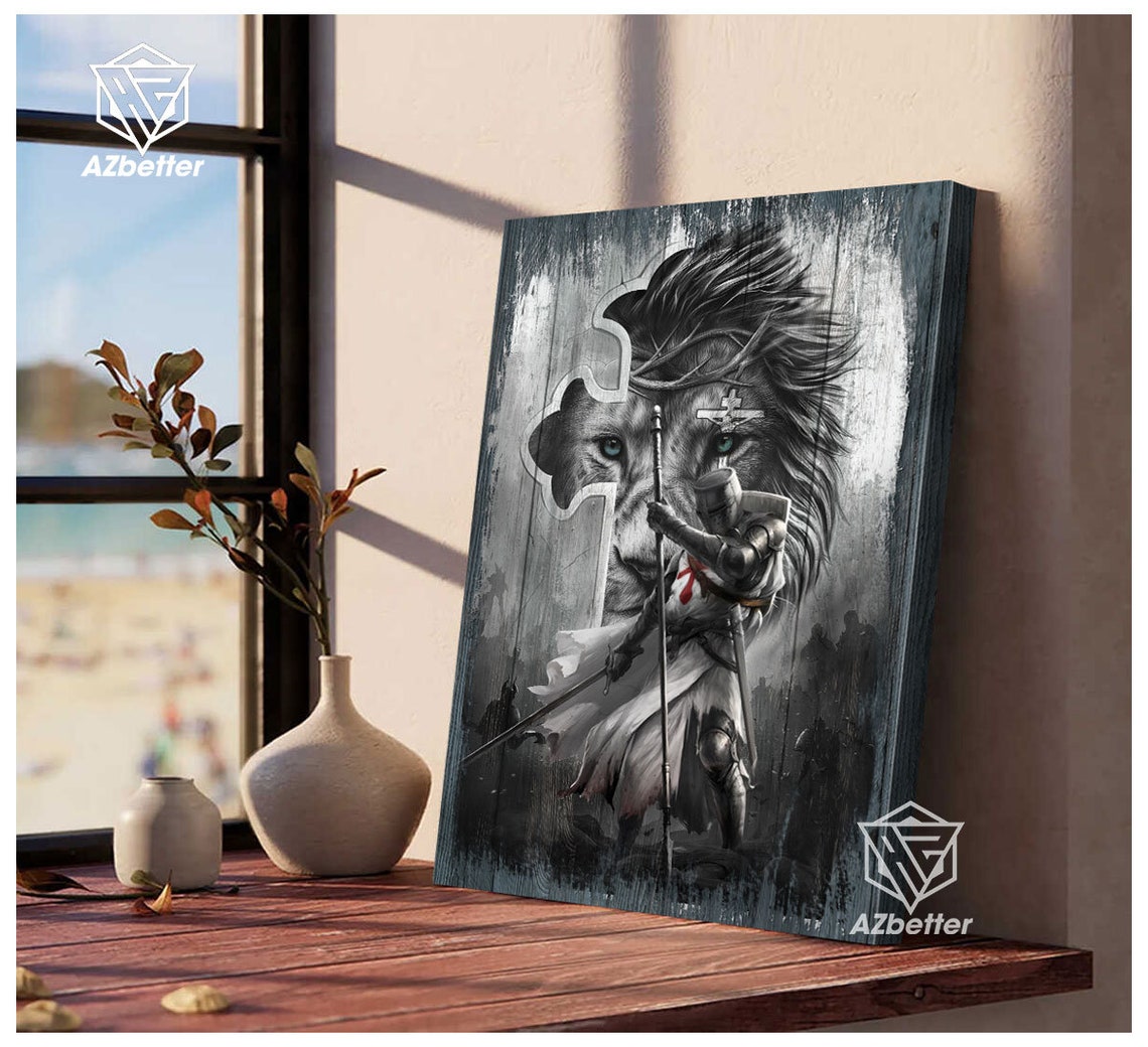 Sword of the Spirit Knight with Spear Lion in Cross Grayscale Poster
