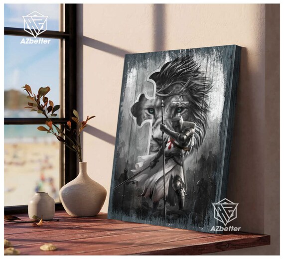 Sword of the Spirit Knight with Spear Lion in Cross Grayscale Poster