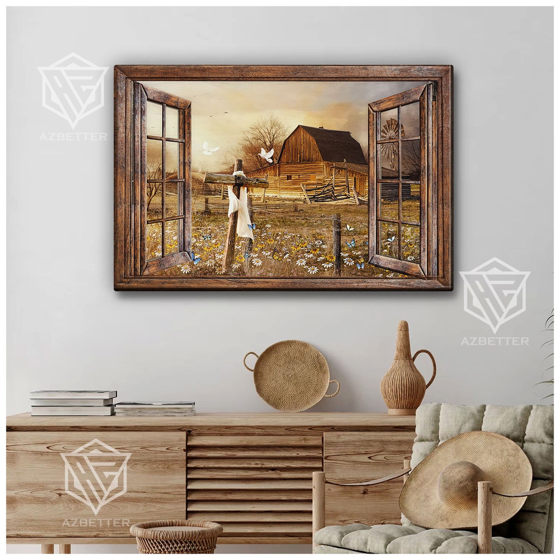 Rustic Window View Of Old Barn Cross And Wildflower Meadow Poster - Image 4