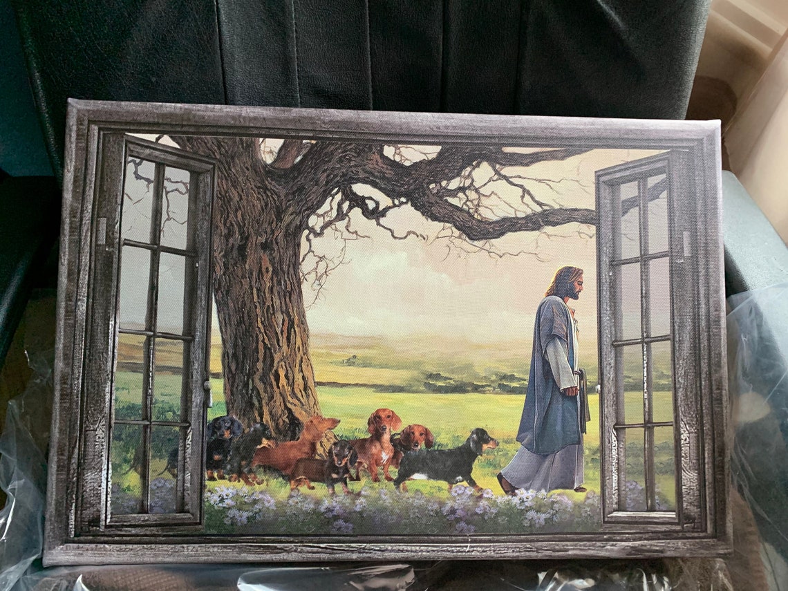 Jesus Walking With Dachshunds Through Meadow Rustic Window View Poster - Image 3