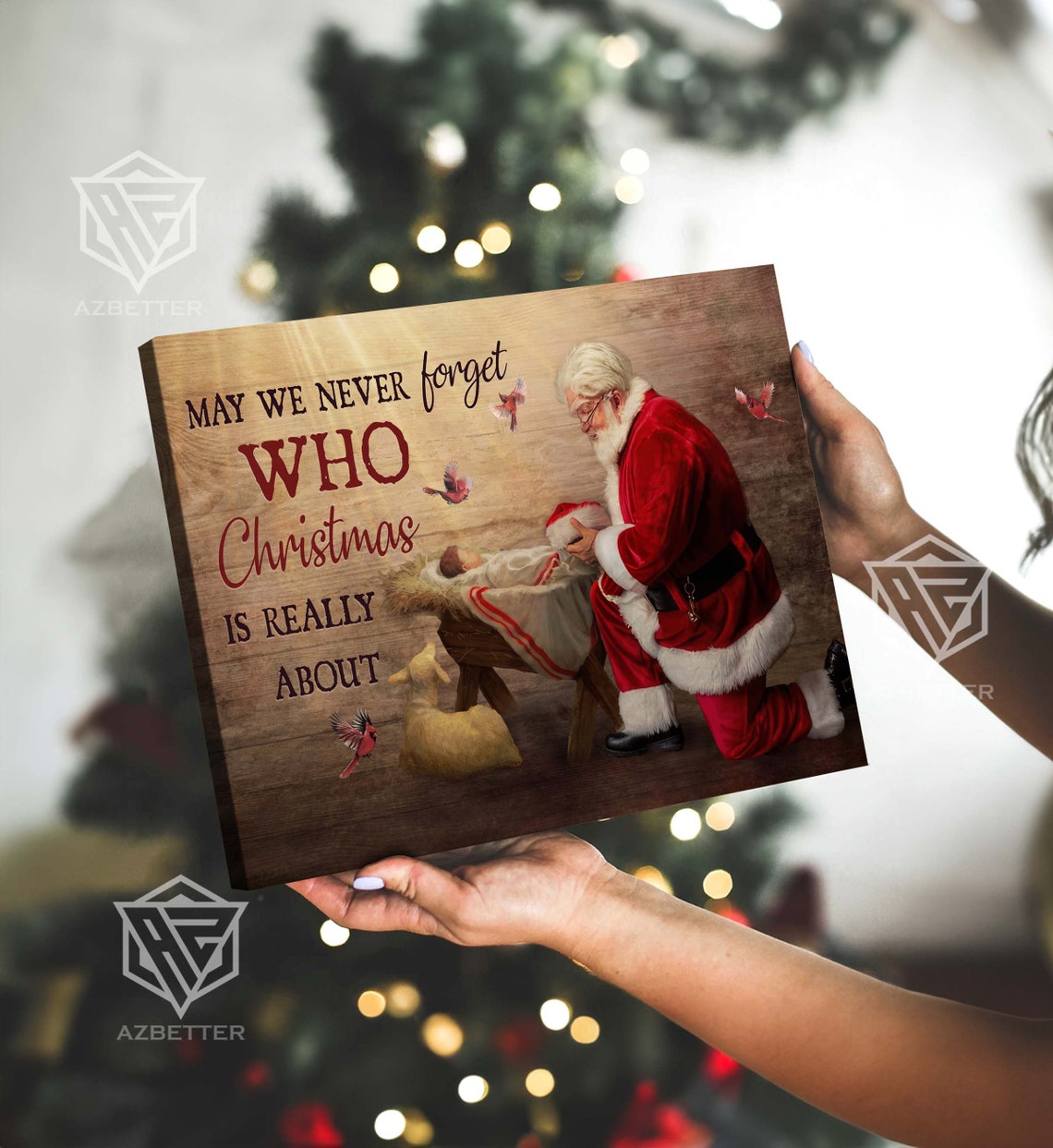Kneeling Santa Before Baby Jesus Never Forget Christmas Poster - Image 5