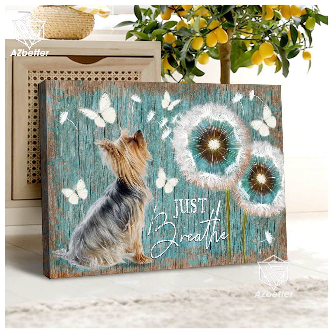 Yorkshire Terrier Just Breathe Dandelion Butterfly Teal Wood Poster