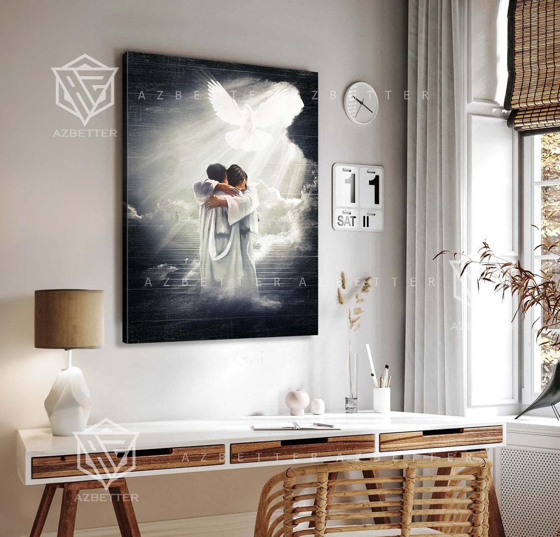Jesus Embracing Believer in Heaven Dove Descending Light Poster - Image 5