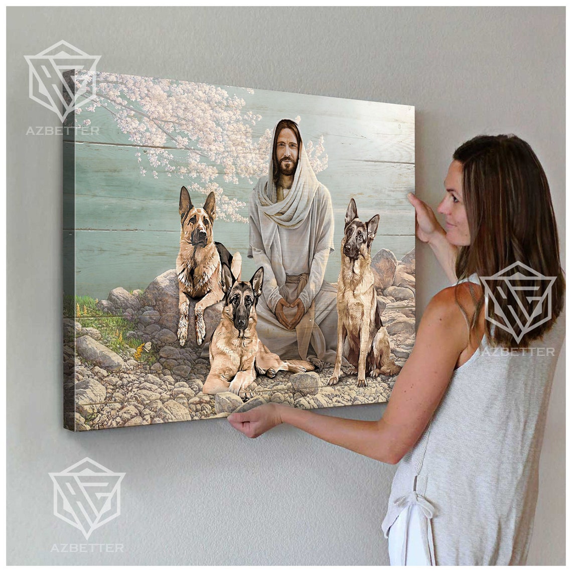 Jesus With Three German Shepherd Dogs In Blooming Garden Poster