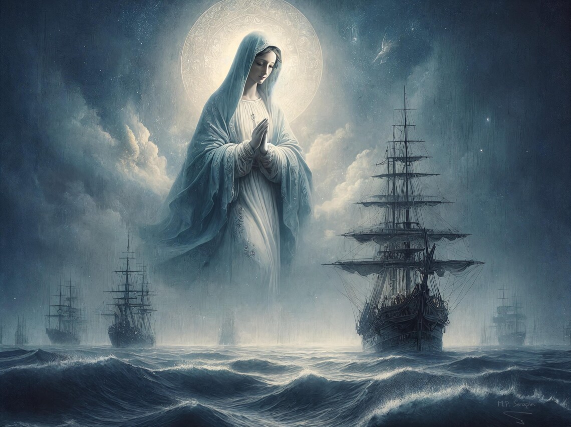 Stella Maris Star Of The Sea Moonlit Virgin Mary Over Tall Ships Stormy Sea Poster - Image 3