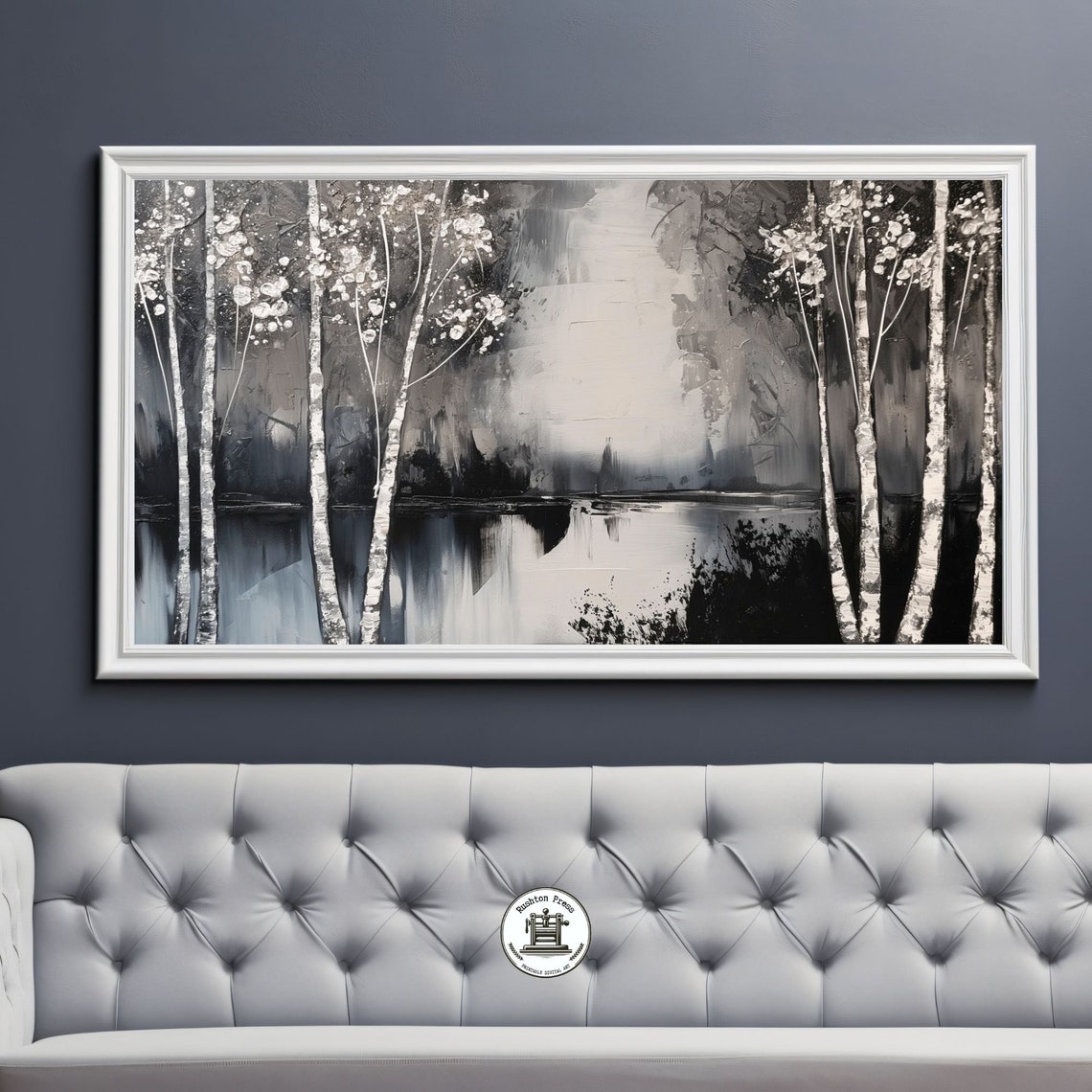 Black and White Birch Forest by the Lake Abstract Nature Poster
