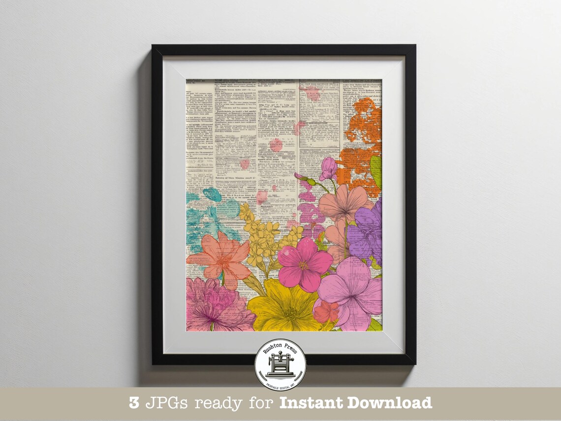 Vintage Botanical Print Spring Flower Bouquet On Newsprint