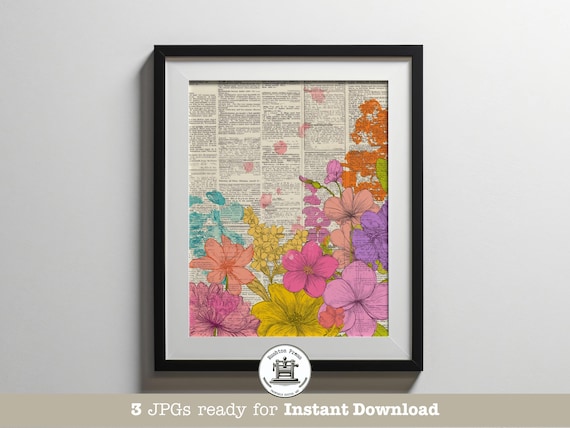 Vintage Botanical Print Spring Flower Bouquet On Newsprint