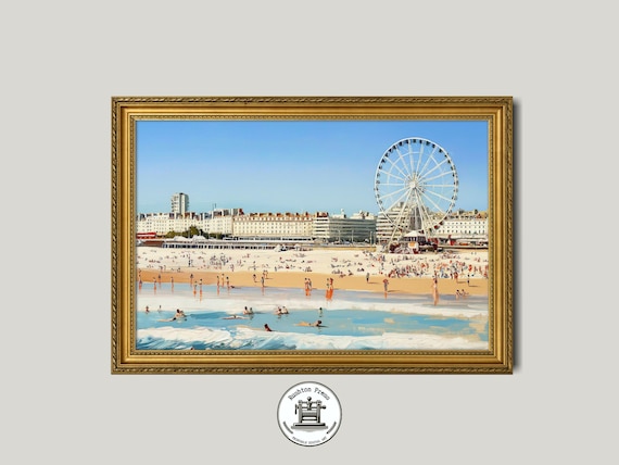 Sunny Beach Ferris Wheel Crowded Seaside Summer Painting Poster