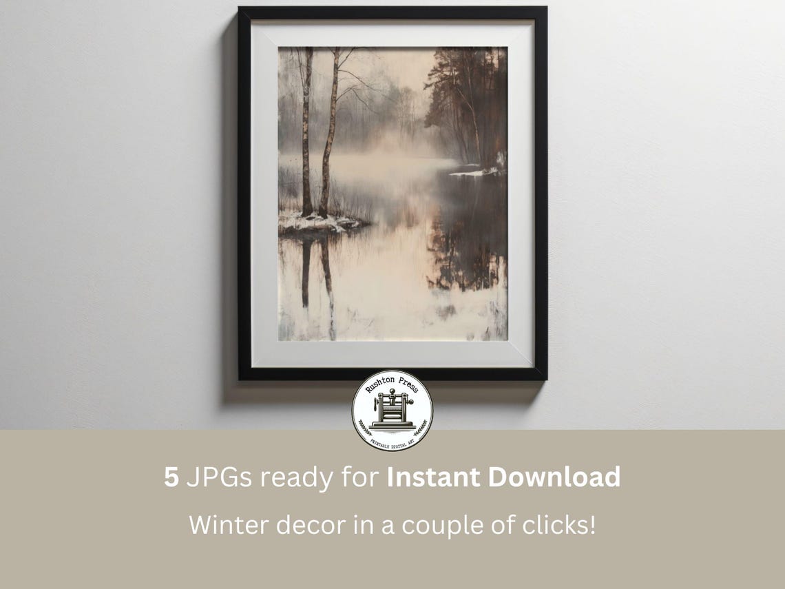 Misty Winter Birch Forest Lake Reflection Serene Nature Poster