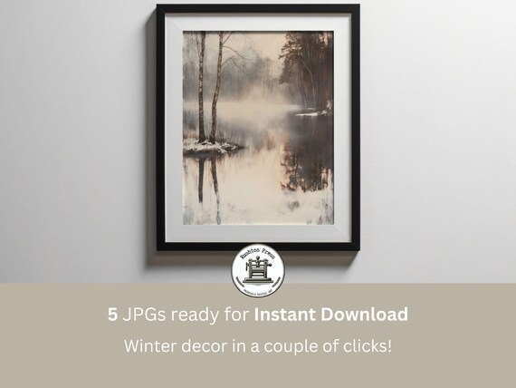 Misty Winter Birch Forest Lake Reflection Serene Nature Poster