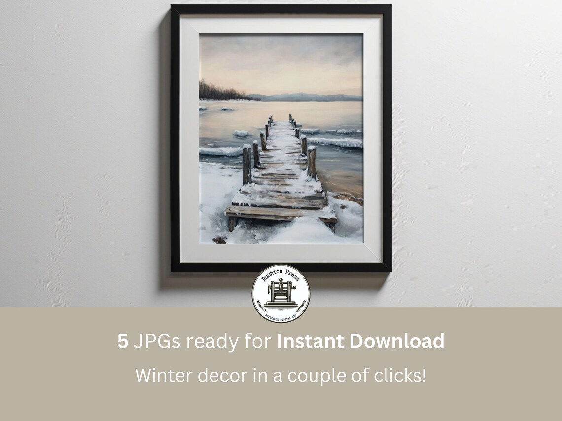 Snowy Wooden Pier on Frozen Lake Winter Painting Calm Poster
