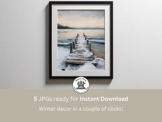 Snowy Wooden Pier on Frozen Lake Winter Painting Calm Poster