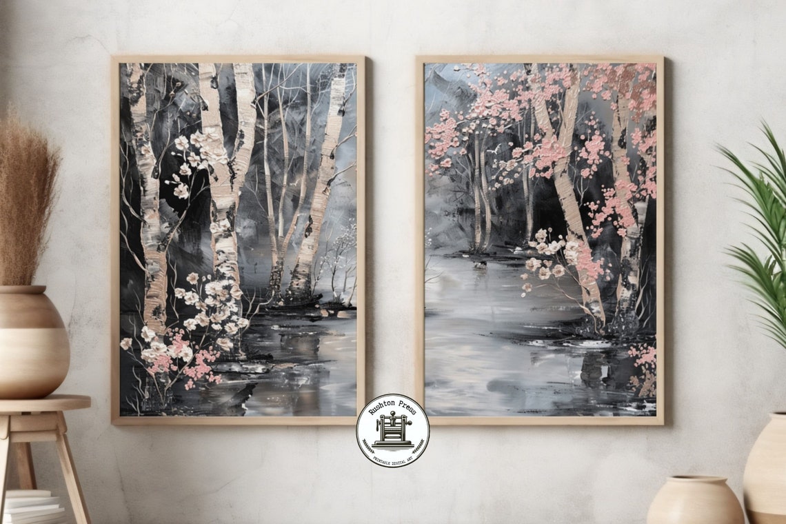 Lakeside Forest Art Print Set, Pink Birch Tree Landscape